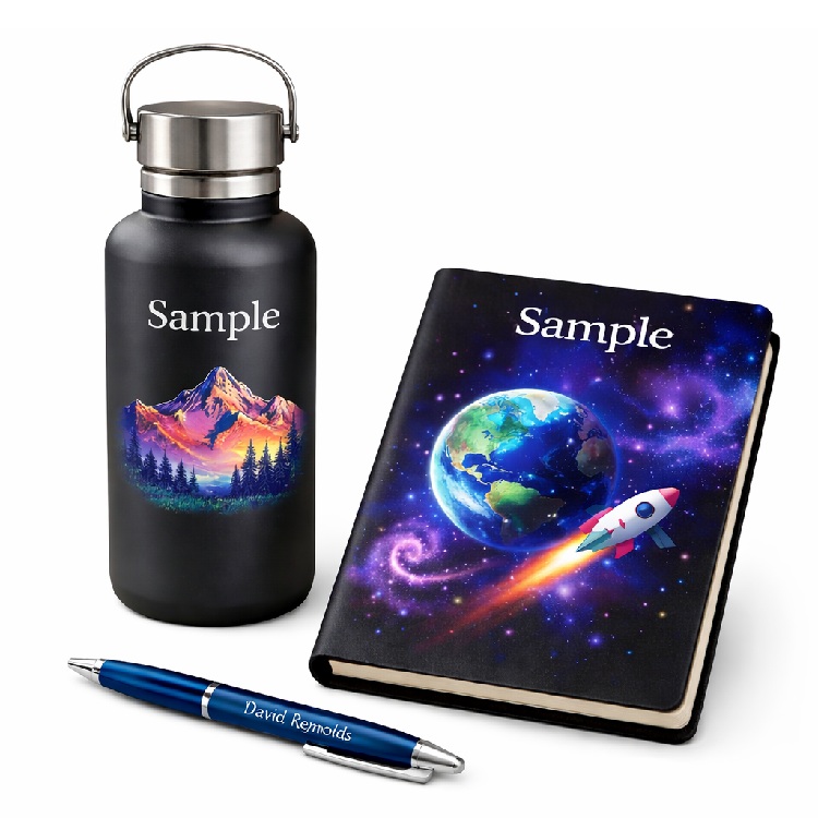 Engraving (Bottle & Pen) + Digital UV Printing (Notebook)
