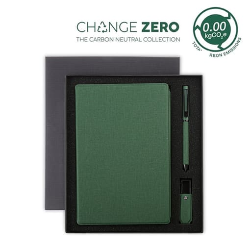 LENZEN - CHANGE ZERO Sustainable Gift Set with Refillable Notebook, Pen & USB Keychain - Green