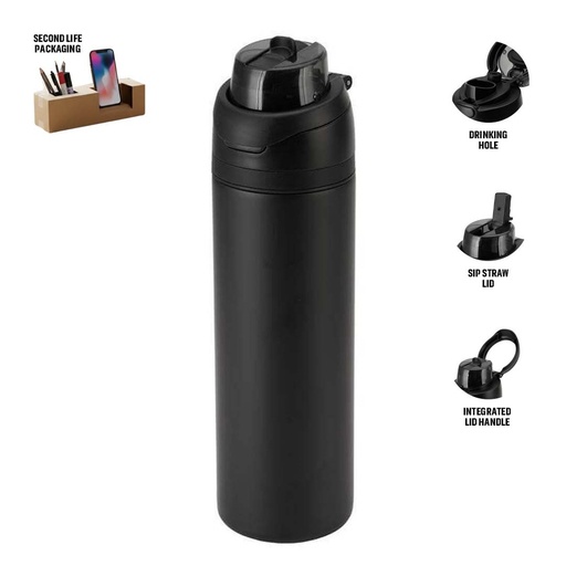 [DWHL 3250] AERO SIP - Hans Larsen Recycled Stainless Steel Bottle with Dual Sip Lid - Black
